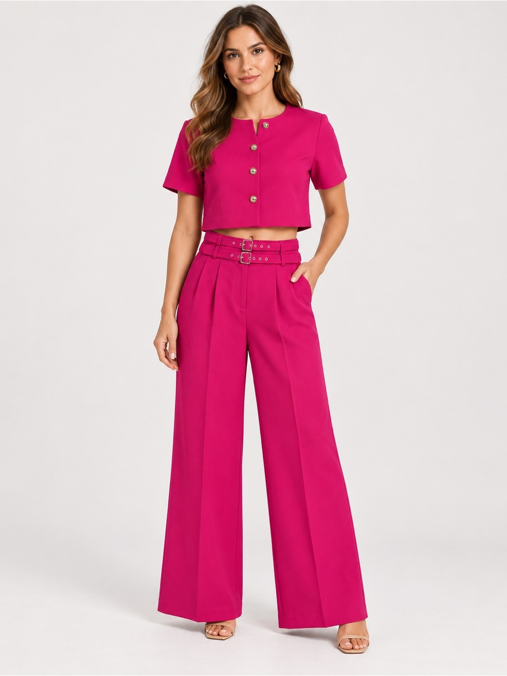 Amanda Uprichard Fuchsia 2 Piece Crop Top Wide Leg Pants Set Size S NWT